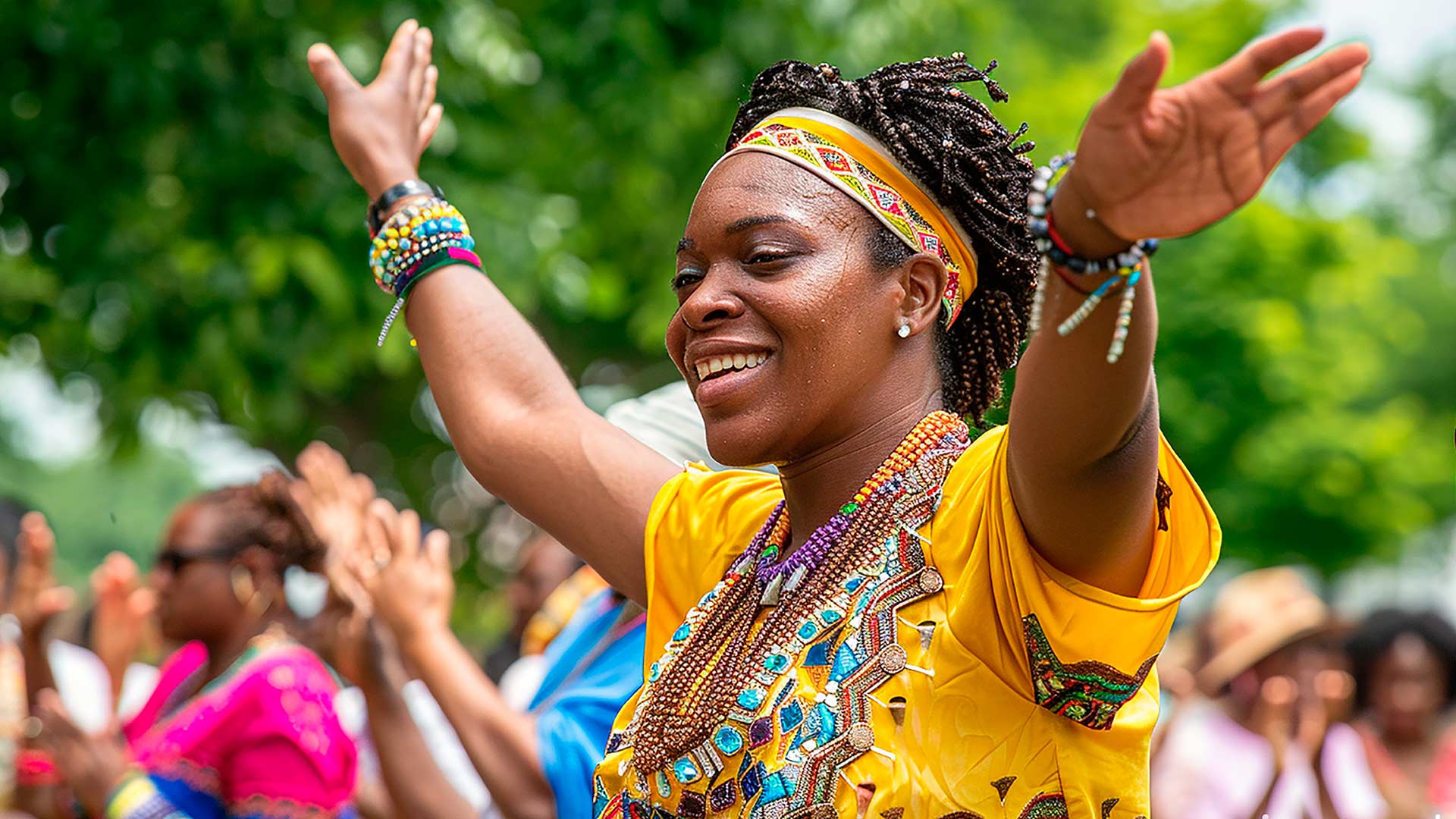 A joyful woman wearing vibrant traditional attire raises her arms in celebration during a Juneteenth festival, surrounded by a lively crowd.