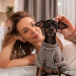 A small dog in a gray sweater relaxing on a bed next to its owner, showing the comfort and warmth of pet-friendly hotels.
